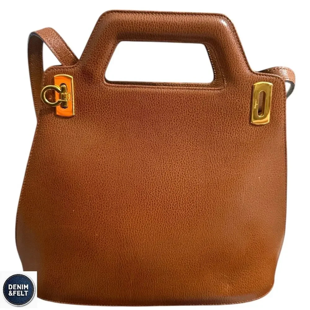 Salvatore Ferragamo Wanda Brown Leather Top Handle‎ Satchel Gold Hardware Purse